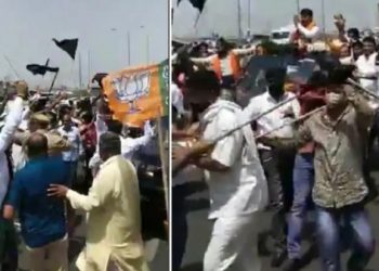 Commotion among Bjp workers and protesting farmers at Ghazipur border near delhi.