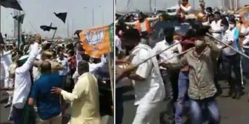 Commotion among Bjp workers and protesting farmers at Ghazipur border near delhi.