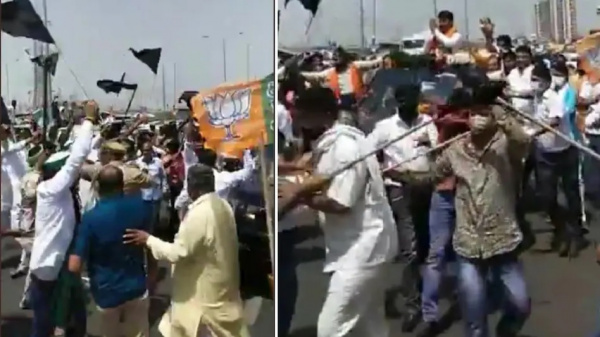 Commotion among Bjp workers and protesting farmers at Ghazipur border near delhi.