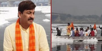 On the first day of Chhath, BJP’s Manoj Tiwari rides a boat in the foam-covered Yamuna